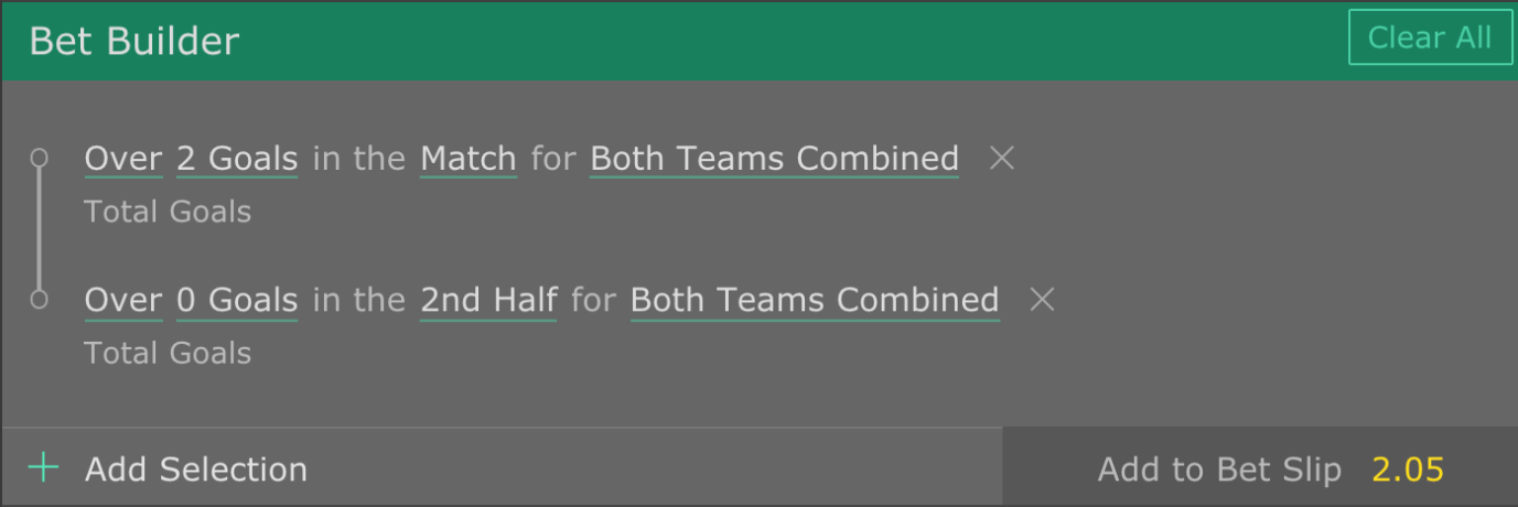 Bet365 slip 2 selections same match